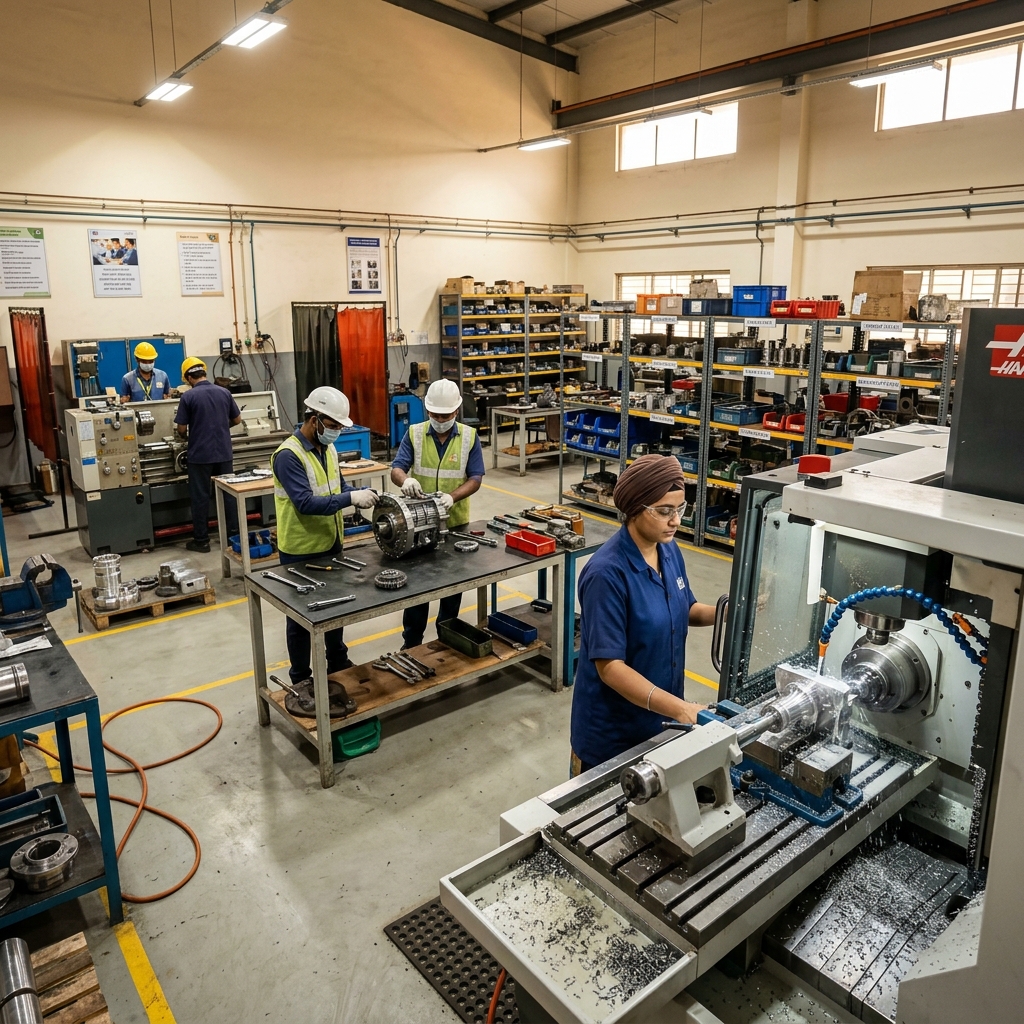 Inside an Indian precision engineering workshop — CNC machines, organised shelving of metal components, and engineers assembling equipment on the shop floor.